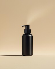 Canister spray substance Elegant black spray bottle on a minimalistic background, perfect for cosmetic or personal care products.