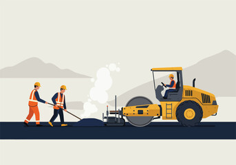 Yellow Road Roller Compactor with Operator and Road Construction Workers Illustration.
