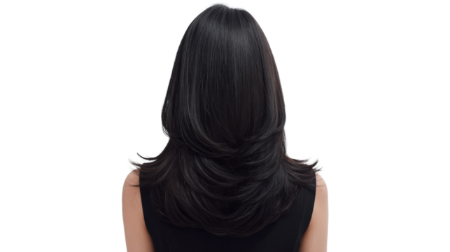Back view of a woman with long, shiny, black hair styled gracefully.