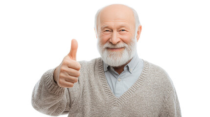 Cheerful senior man giving a thumbs up, celebrating happiness and positivity, isolated on a white background.