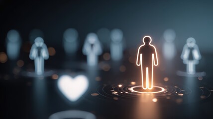 customer care personalized. A glowing figure stands out among shadowy silhouettes, symbolizing connection and uniqueness.