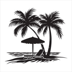 Tropical Beach Scene silhouette, Tropical Beach Scene vector, Summer beach with cute tropical elements, The drawing is black and white and has a vintage feel to it