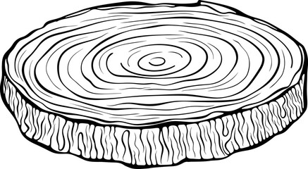 Wood slice for crafts or display. Wood log cut. Natural wood element for coaster, decor. Vector illustration in hand drawn doodle sketch style. Line art isolated on white for coloring book, print