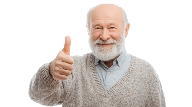 Cheerful senior man giving a thumbs up, celebrating happiness and positivity, isolated on a white background.