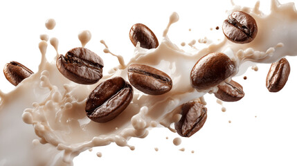 Coffee beans splashing in creamy liquid, dynamic and refreshing, isolated on a white background.