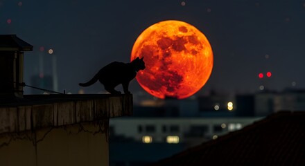 Black cat silhouetted against a large orange moon at night