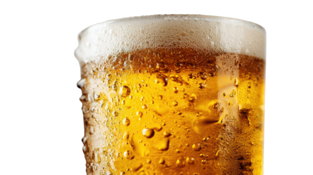 Cold beer in a glass with bubbles, white isolated background.