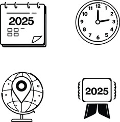 Annual Essentials  Monochrome Grid Featuring a Calendar Marked “2025,” Clock at 1, Globe with Pin, and Year Badge Ribbon Icon