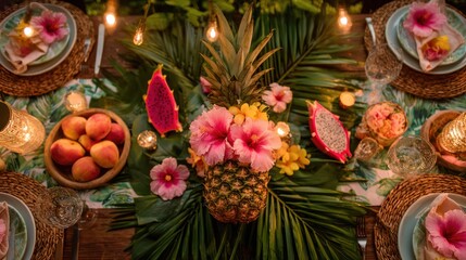 Fototapeta premium Festive tabletop setting with tropical fruits, flowers and palm fronds for a vibrant party