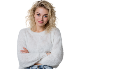 Confident young woman with curly hair, wearing a cozy white sweater, smiling with arms crossed.