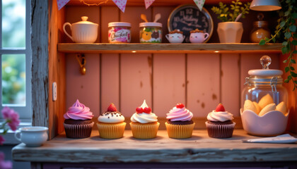 realistic magical bakery shelf with animated cupcakes and blinking tart jars