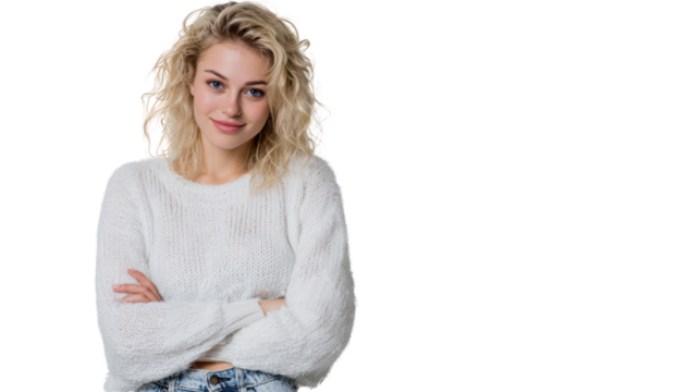 Confident young woman with curly hair, wearing a cozy white sweater, smiling with arms crossed.
