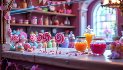 realistic fantasy candy shelf with walking lollipops and glowing jars of jelly