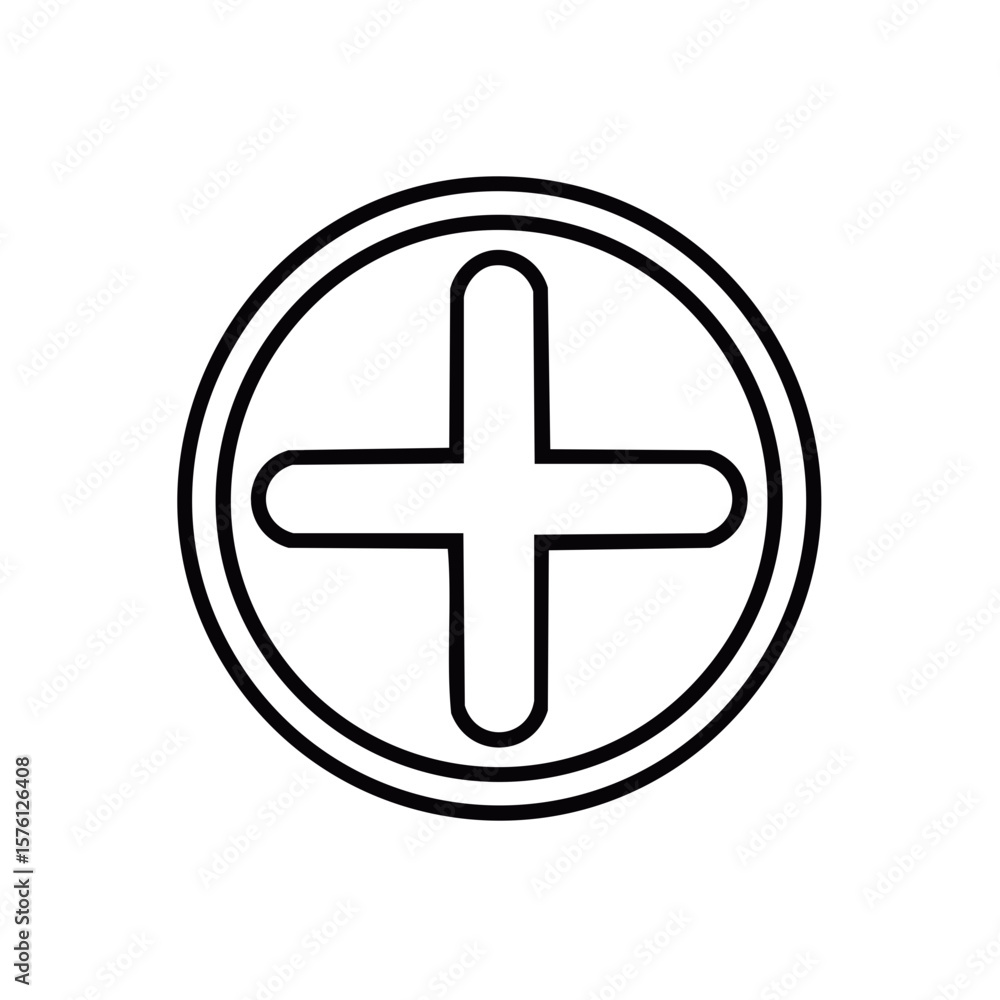 Poster cross symbol with rounded edges enclosed in a circle, in a minimalist vector style