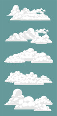 Flat vector of five white fluffy cumulus clouds in various shapes and sizes, vertically aligned on a plain teal-blue background. Clean, soft, and minimal sky-themed cloud set.