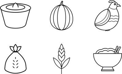 Bread Dumpling Bone Wheat Milk Bowl Bag Simple Flat Snack Line Art Vector Set