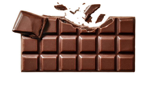 Delicious chocolate bar with broken pieces on a white background.