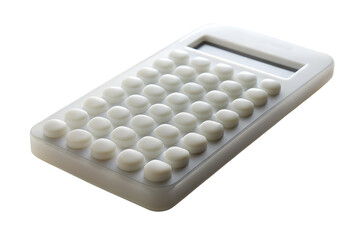 A white calculator with round buttons is isolated on transparent background