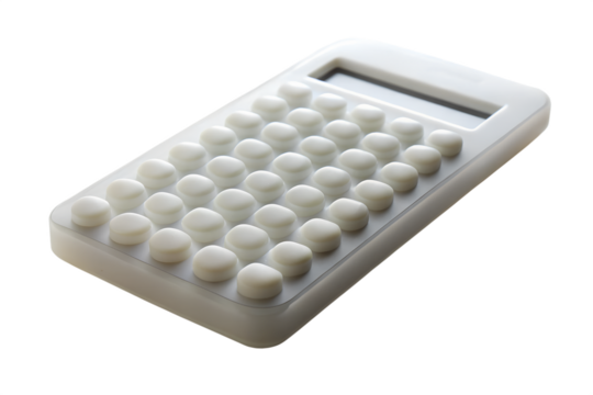 A white calculator with round buttons is isolated on transparent background
