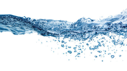 Dynamic splash of clear water with bubbles on a transparent background.