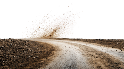 Dust rising from a winding dirt road, isolated on white background.