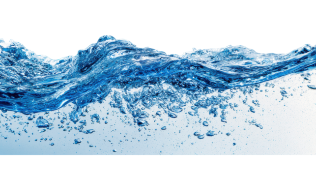 Dynamic splash of clean water with bubbles, showcasing freshness and purity, white isolated background.
