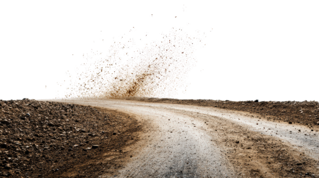 Dust rising from a winding dirt road, isolated on white background.