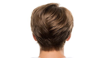 Fototapeta premium Elegant short haircut from the back with soft brown tones against a white background.