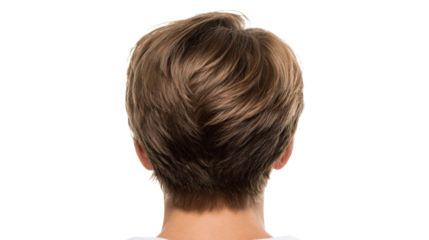 Elegant short haircut from the back with soft brown tones against a white background.