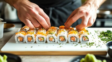 Chef Preparing Fresh Sushi Rolls with Vegetables
