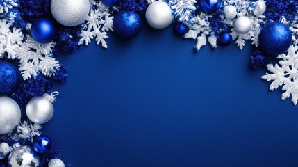 Blue and Silver Christmas Decorations Border on Navy Background for Holiday Design Projects