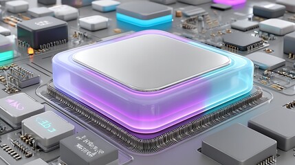 Futuristic Computer Chip with Colorful Glow on Circuit Board Close Up Visual Technology