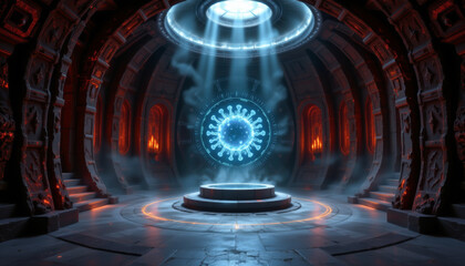 Obraz premium realistic image of dark prophecy chamber predicting future virus outbreaks