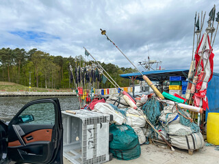 Mrzezyno, Poland, May 8, 2025: Nets and various equipment and luggage prepared for taking to...