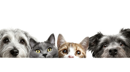 Four adorable pets peeking together, showcasing their unique personalities against a white isolate background.