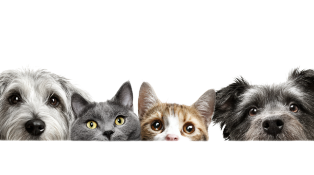 Four adorable pets peeking together, showcasing their unique personalities against a white isolate background.