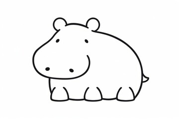 Cute cartoon hippo with large black dots and small smile, simple line drawing, bold flat design, coloring page for kids on white background