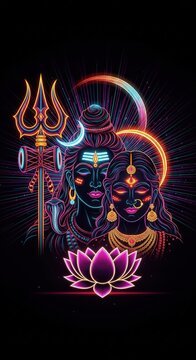 Shiv Parvati Neon Glow &ndash; 4K Mobile Wallpaper Background (9:16)