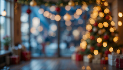 Closeup blur Christmas banner interior bokeh light background for your photo montage or product display