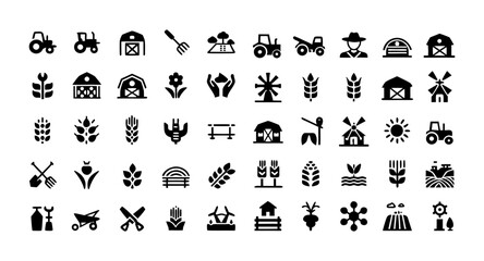 Farming and Agriculture Glyph Icon Set – Black Silhouette Vector Pictograms of Tractor, Barn, Greenhouse, Livestock, Wheat, Crop Cultivation, and Sustainable Farm Elements