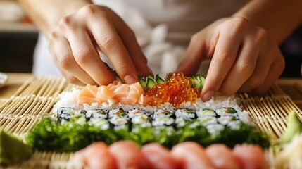 Close-Up of Hands Making Fresh Sushi