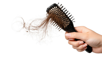 Hand holding a hairbrush with tangled strands, showcasing hair care and styling.