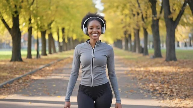  young woman enjoying music on headphones during her morning walk or run, smiling happily in a beautiful autumn park