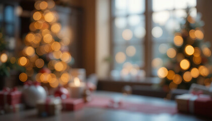 Closeup blur Christmas banner interior bokeh light background for your photo montage or product display