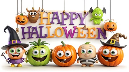 Happy halloween with cute cartoon characters and pumpkins on transparent background