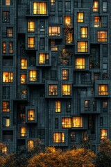 Urban apartment building at night.  Many lit windows.  Dark gray facade.  Autumnal colors