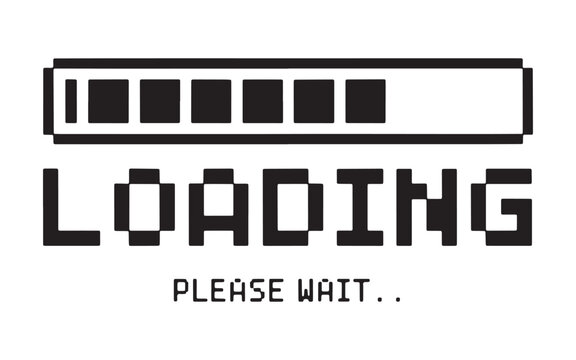 Pixelated Loading Bar with the Text Loading Please Wait in Black and White Retro Style