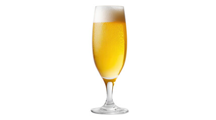 Refreshing beer in a tall glass with frothy head, isolated on white background.