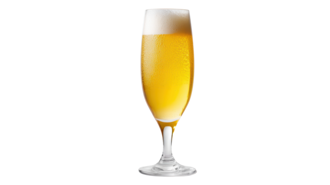 Refreshing beer in a tall glass with frothy head, isolated on white background.