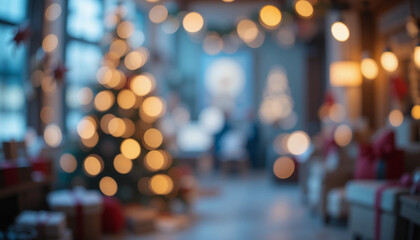 Closeup blur Christmas banner interior bokeh light background for your photo montage or product display